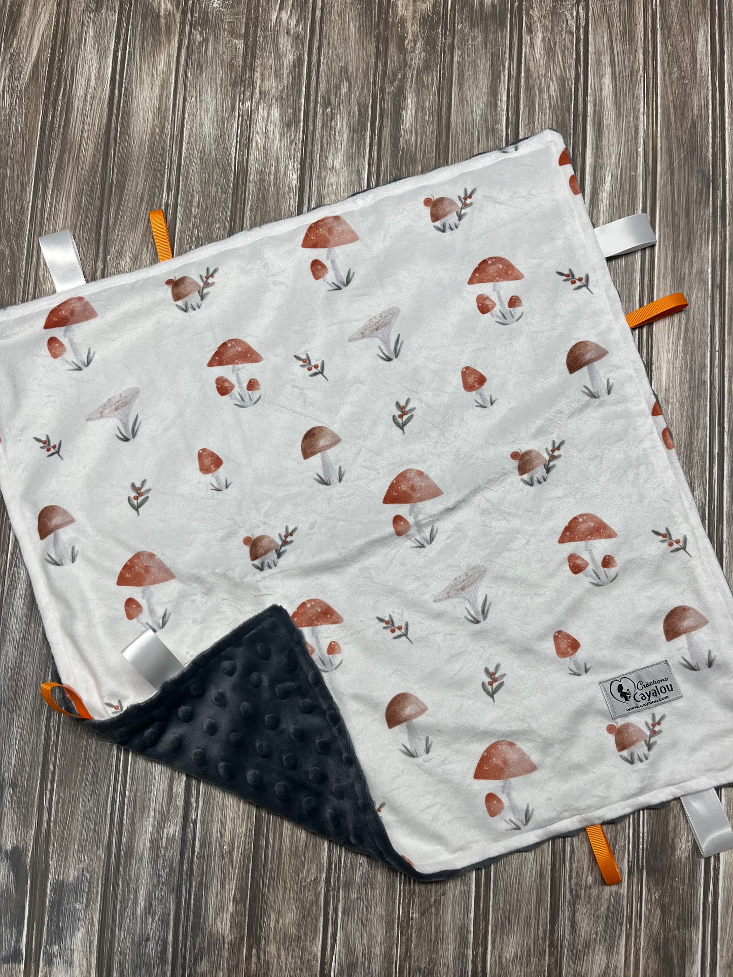 Mini Doudou Étiquettes Minky avec Attache snap Champignons